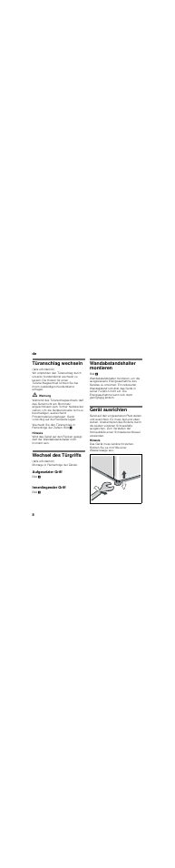 Türanschlag wechseln, Wechsel des türgriffs, Aufgesetzter griff | Innenliegender griff, Wandabstandshalter montieren, Gerät ausrichten | Bosch KDE33AI40 User Manual | Page 8 / 51