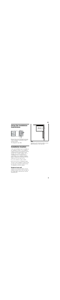 Using the installation instructions, Installation location, Distance from wall | Bosch KDE33AI40 User Manual | Page 9 / 51