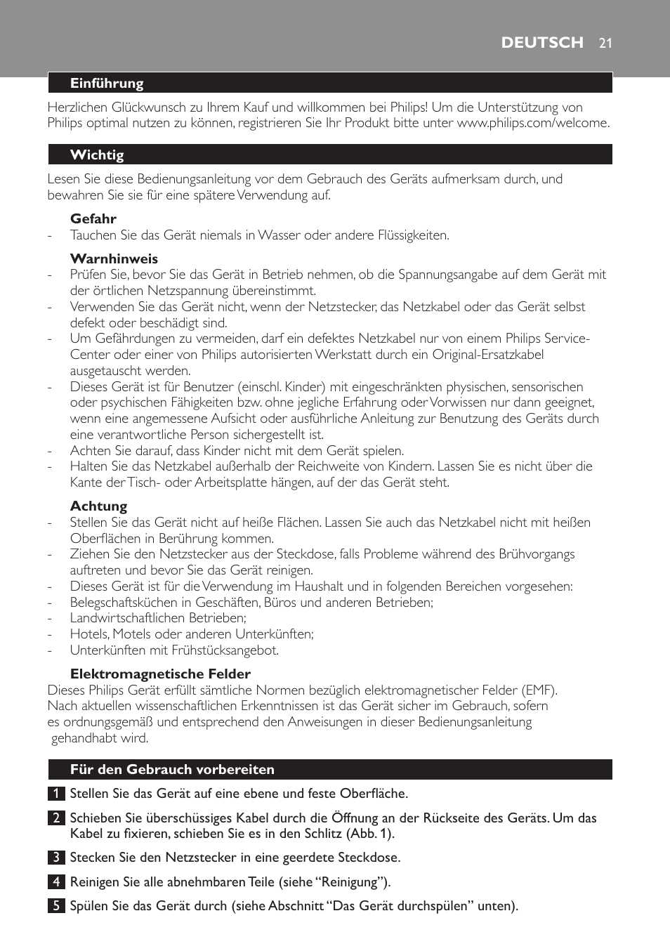 Deutsch, Deutsch 21 | Philips HD7584 User Manual | Page 21 / 118