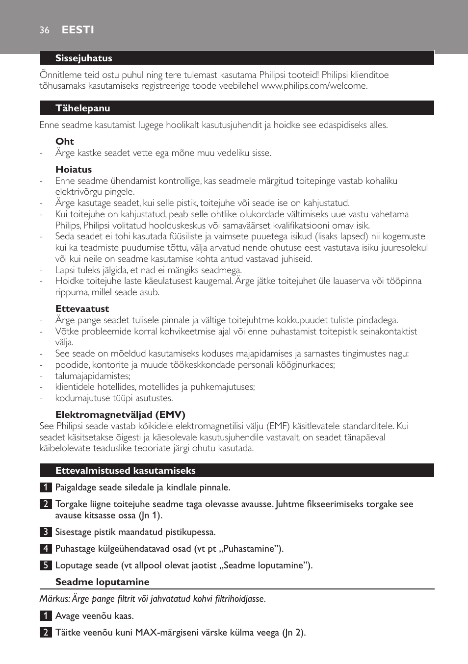 Eesti, Eesti 36 | Philips HD7584 User Manual | Page 36 / 118