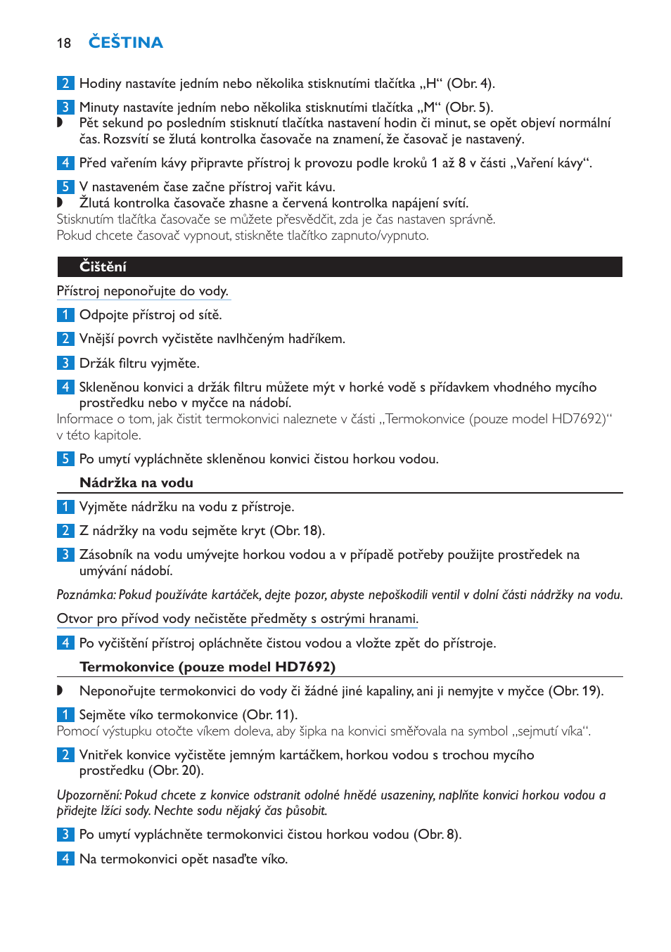Čištění, Nádržka na vodu, Termokonvice (pouze model hd7692) | Philips HD7690 User Manual | Page 18 / 92