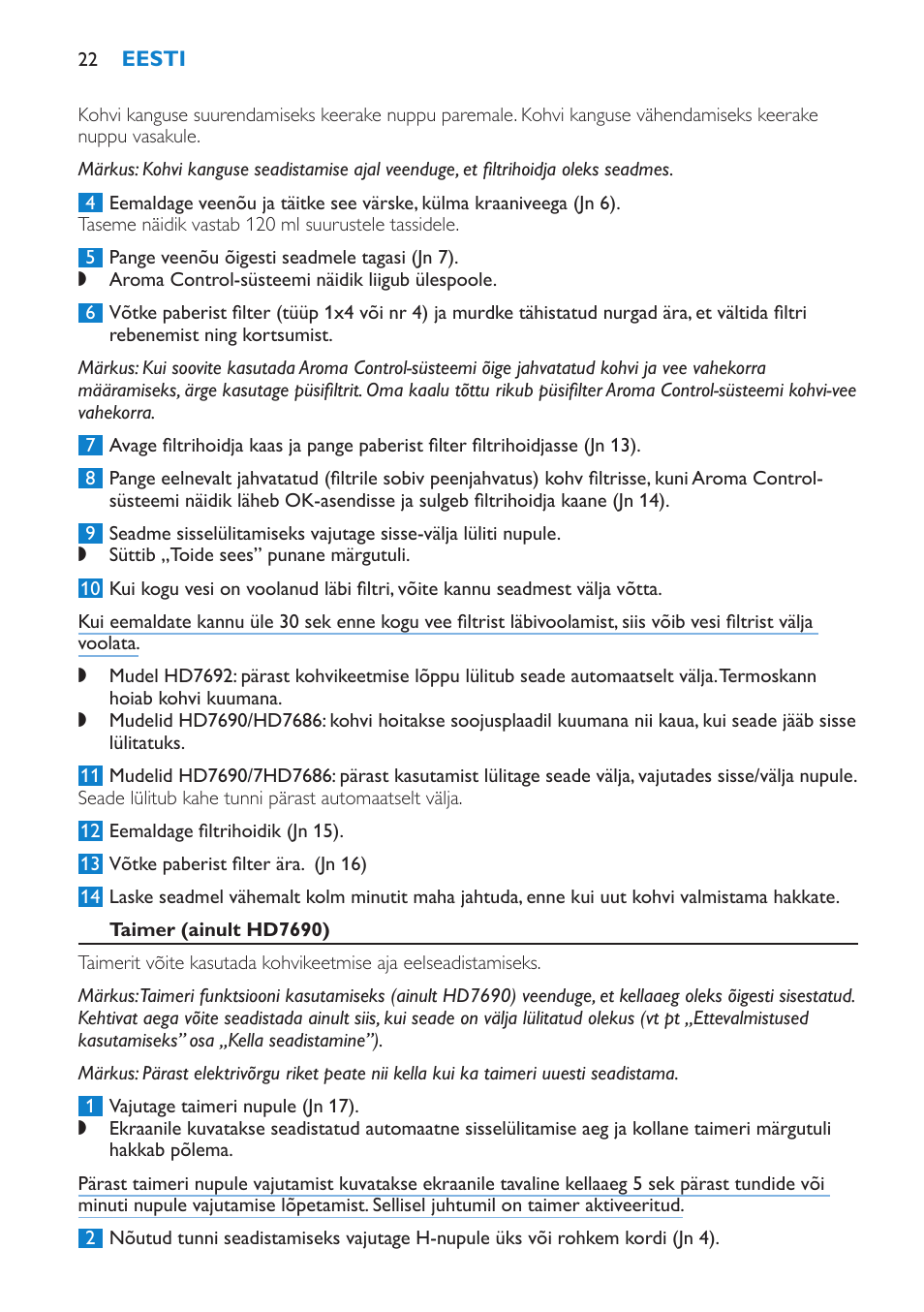Taimer (ainult hd7690) | Philips HD7690 User Manual | Page 22 / 92
