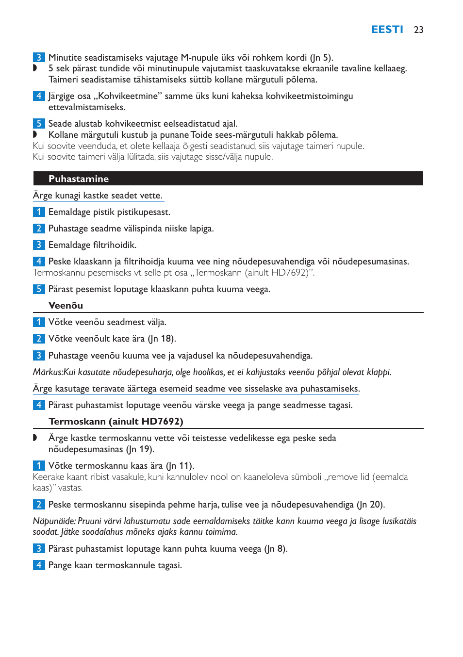 Puhastamine, Veenõu, Termoskann (ainult hd7692) | Katlakivi eemaldamine | Philips HD7690 User Manual | Page 23 / 92