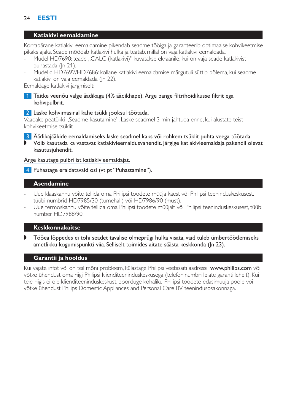 Asendamine, Keskkonnakaitse, Garantii ja hooldus | Philips HD7690 User Manual | Page 24 / 92