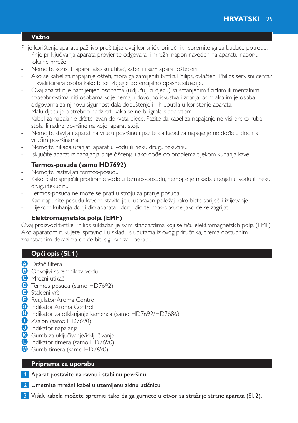 Termos-posuda (samo hd7692), Elektromagnetska polja (emf), Hrvatski | Važno, Opći opis (sl. 1), Priprema za uporabu | Philips HD7690 User Manual | Page 25 / 92