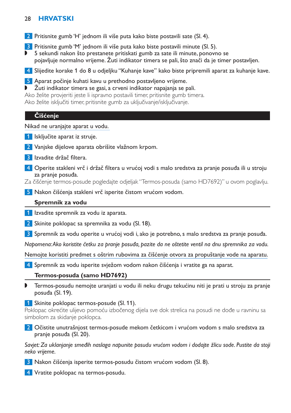 Čišćenje, Spremnik za vodu, Termos-posuda (samo hd7692) | Philips HD7690 User Manual | Page 28 / 92