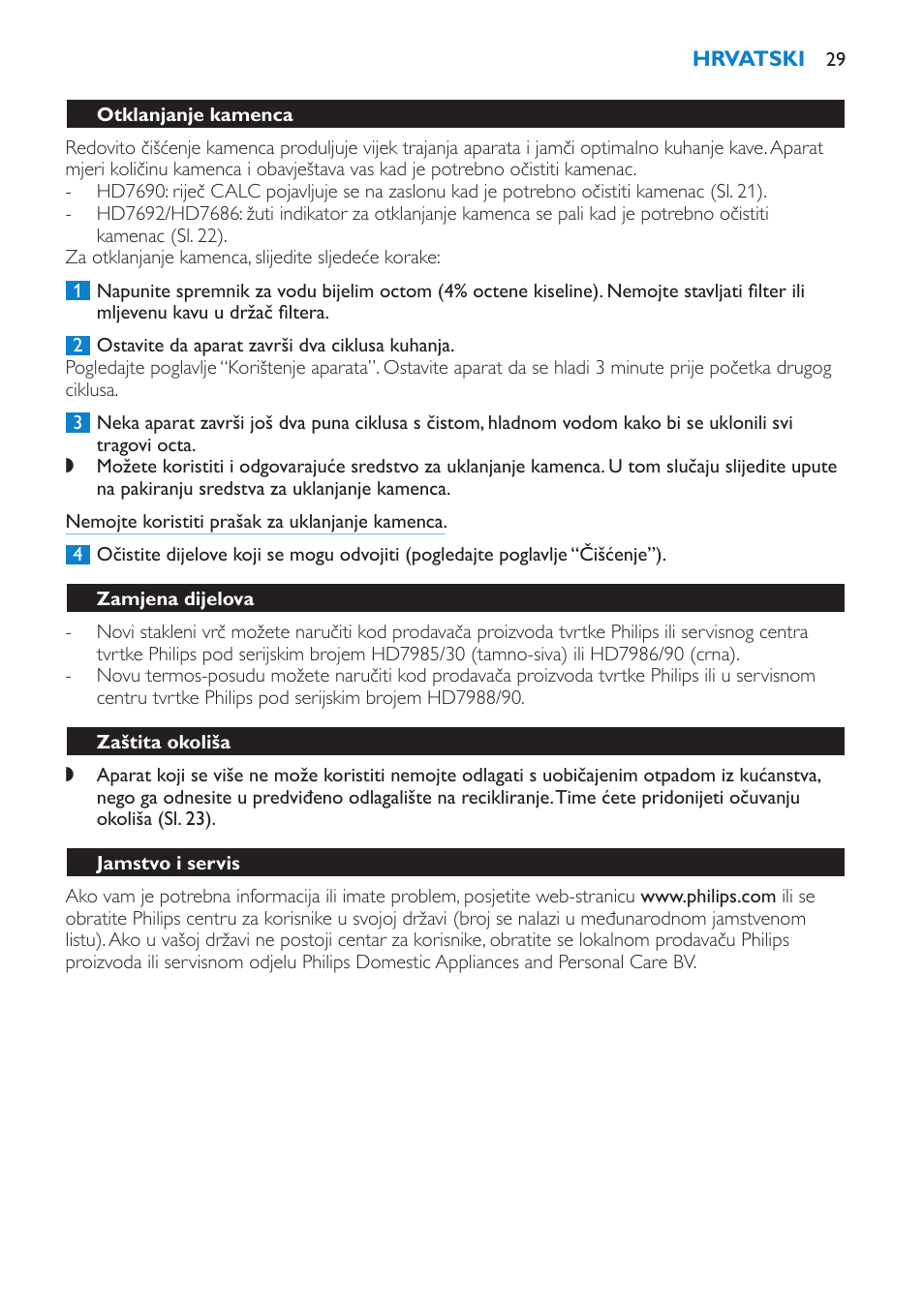 Otklanjanje kamenca, Zamjena dijelova, Zaštita okoliša | Jamstvo i servis | Philips HD7690 User Manual | Page 29 / 92