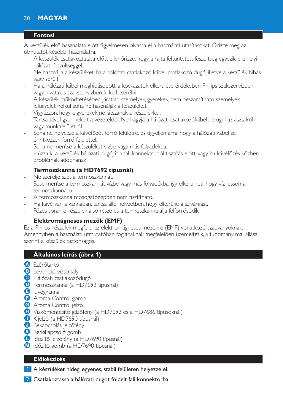 Termoszkanna (a hd7692 típusnál), Elektromágneses mezők (emf), Magyar | Fontos, Általános leírás (ábra 1), Előkészítés | Philips HD7690 User Manual | Page 30 / 92