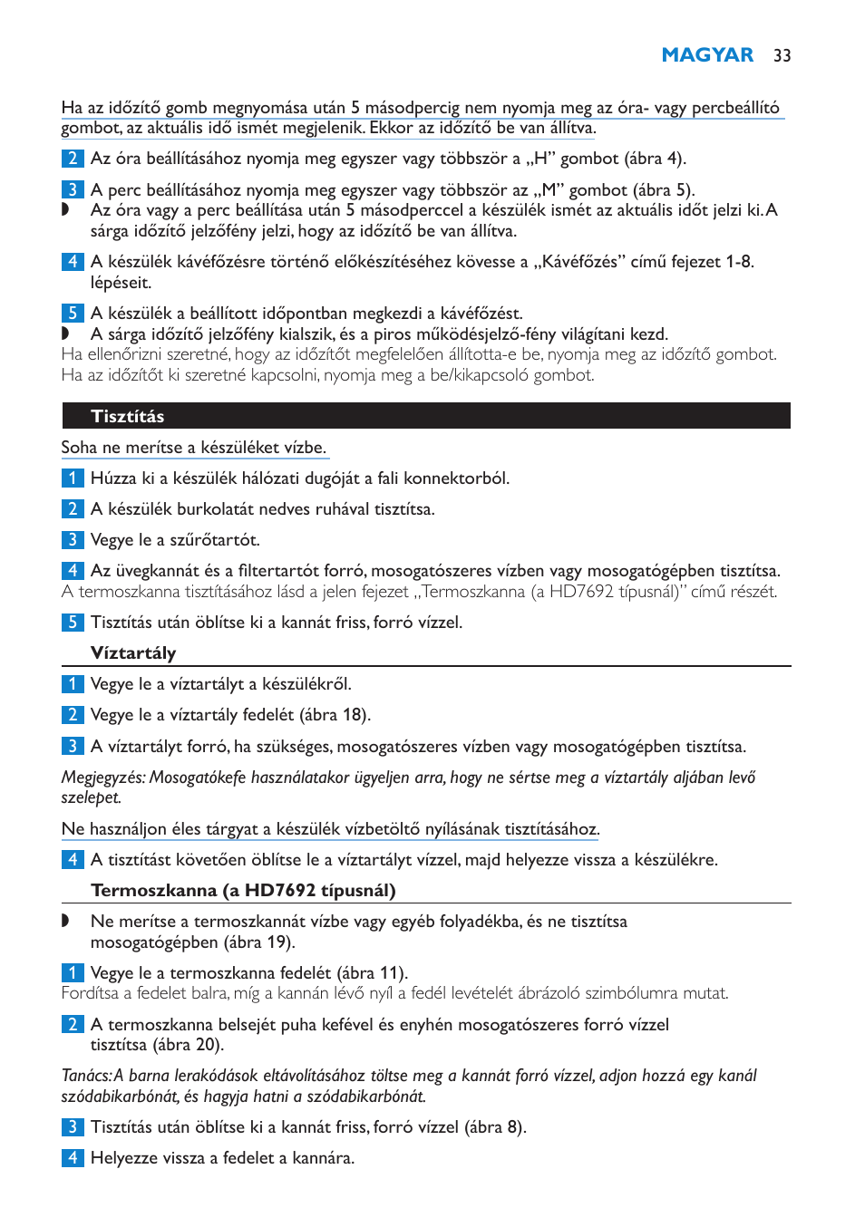 Tisztítás, Víztartály, Termoszkanna (a hd7692 típusnál) | Philips HD7690 User Manual | Page 33 / 92