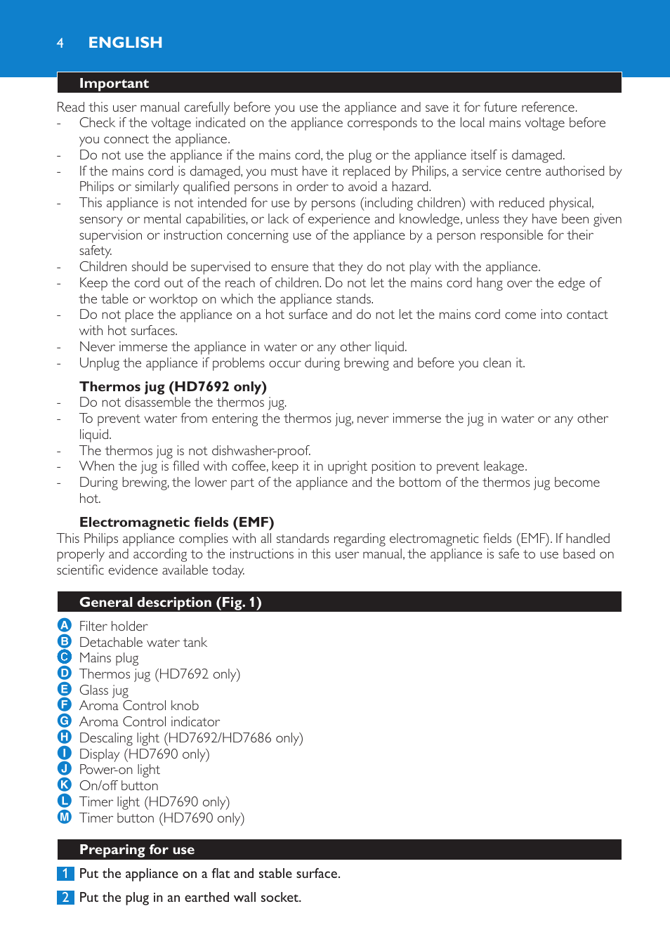 English, Important, Thermos jug (hd7692 only) | Electromagnetic fields (emf), General description (fig. 1), Preparing for use | Philips HD7690 User Manual | Page 4 / 92