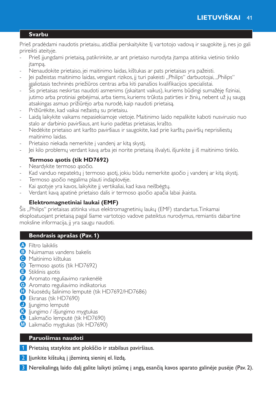 Termoso ąsotis (tik hd7692), Elektromagnetiniai laukai (emf), Lietuviškai | Svarbu, Bendrasis aprašas (pav. 1), Paruošimas naudoti | Philips HD7690 User Manual | Page 41 / 92