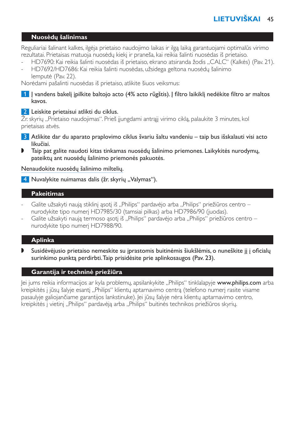 Pakeitimas, Aplinka, Garantija ir techninė priežiūra | Philips HD7690 User Manual | Page 45 / 92