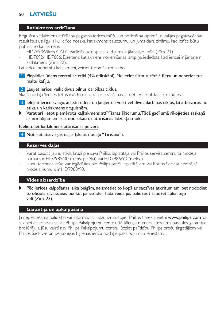 Katlakmens attīrīšana, Rezerves daļas, Vides aizsardzība | Garantija un apkalpošana | Philips HD7690 User Manual | Page 50 / 92