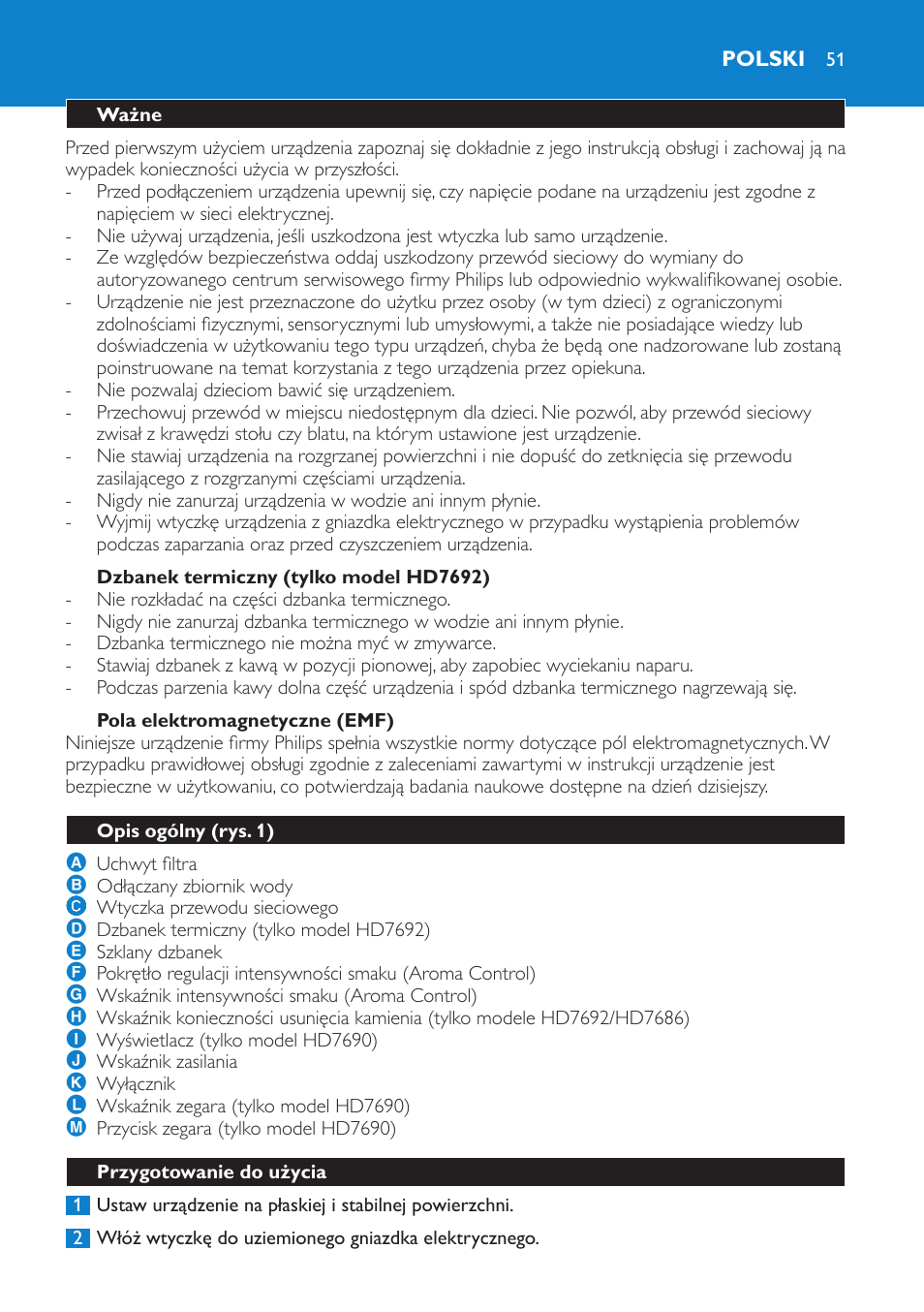 Dzbanek termiczny (tylko model hd7692), Pola elektromagnetyczne (emf), Polski | Ważne, Opis ogólny (rys. 1), Przygotowanie do użycia | Philips HD7690 User Manual | Page 51 / 92