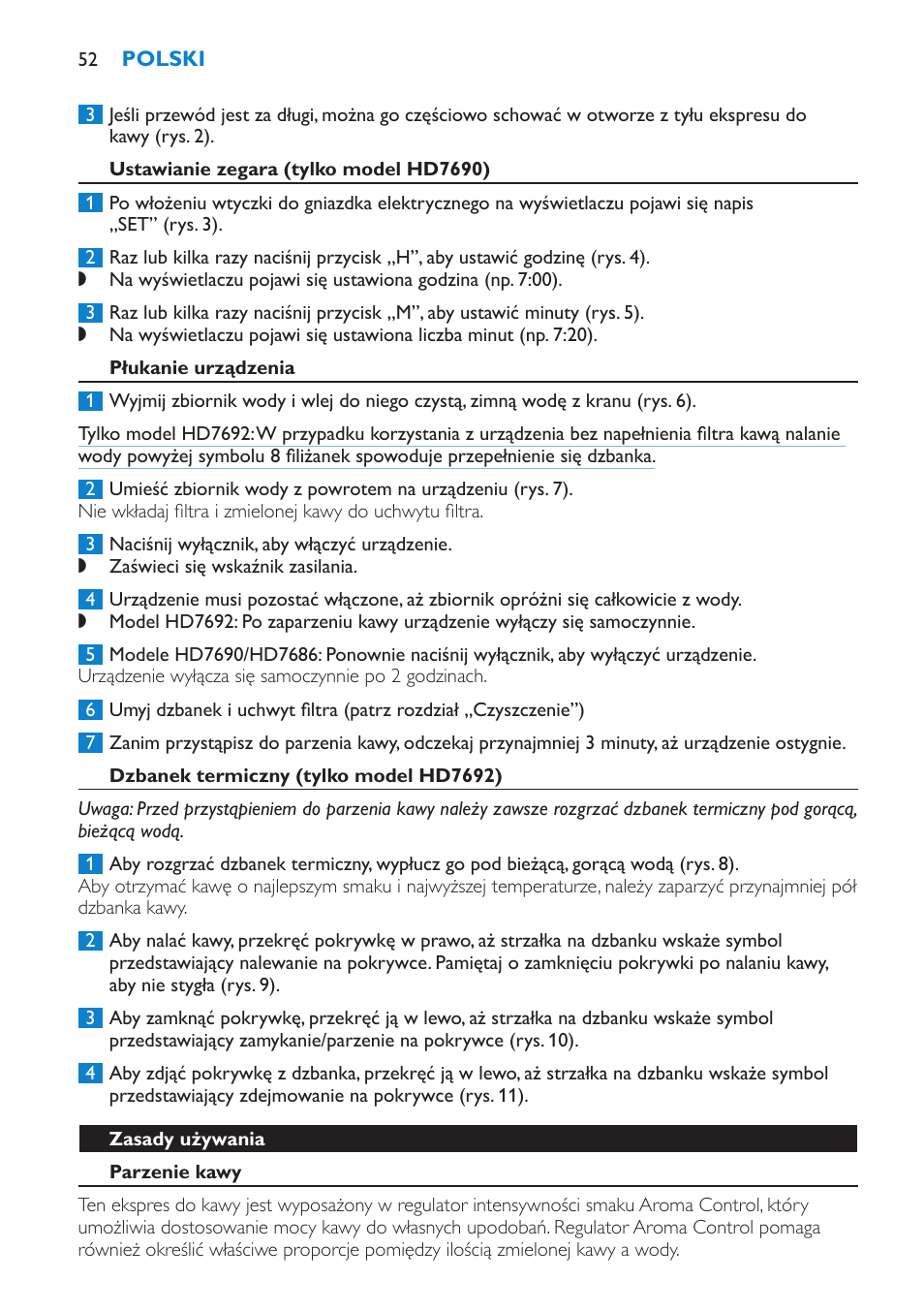 Ustawianie zegara (tylko model hd7690), Płukanie urządzenia, Dzbanek termiczny (tylko model hd7692) | Zasady używania, Parzenie kawy | Philips HD7690 User Manual | Page 52 / 92