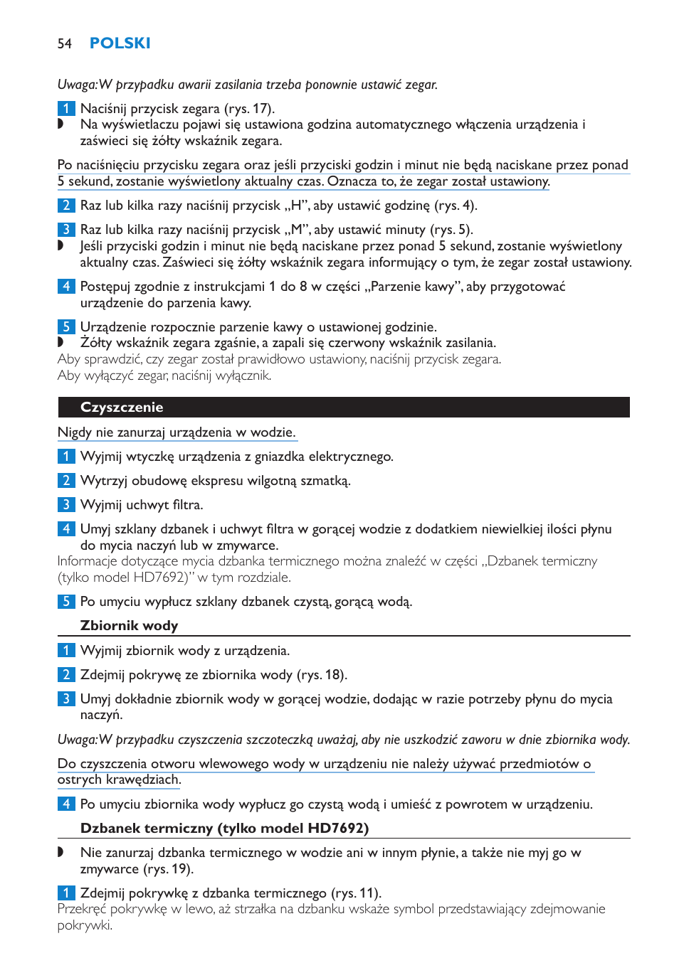 Czyszczenie, Zbiornik wody, Dzbanek termiczny (tylko model hd7692) | Philips HD7690 User Manual | Page 54 / 92