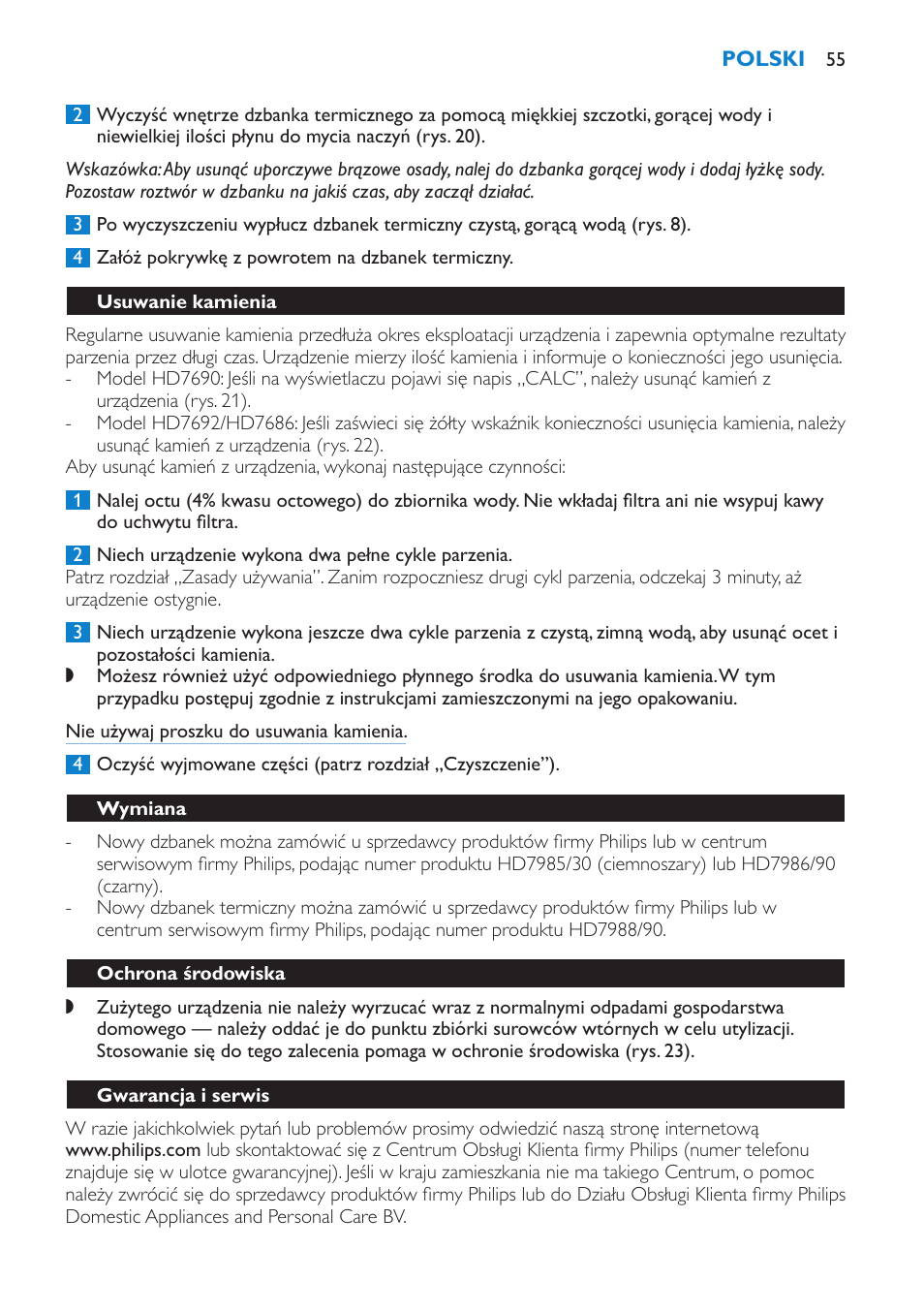 Usuwanie kamienia, Wymiana, Ochrona środowiska | Gwarancja i serwis | Philips HD7690 User Manual | Page 55 / 92