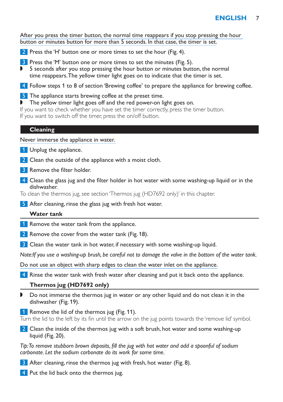 Cleaning, Water tank, Thermos jug (hd7692 only) | Philips HD7690 User Manual | Page 7 / 92