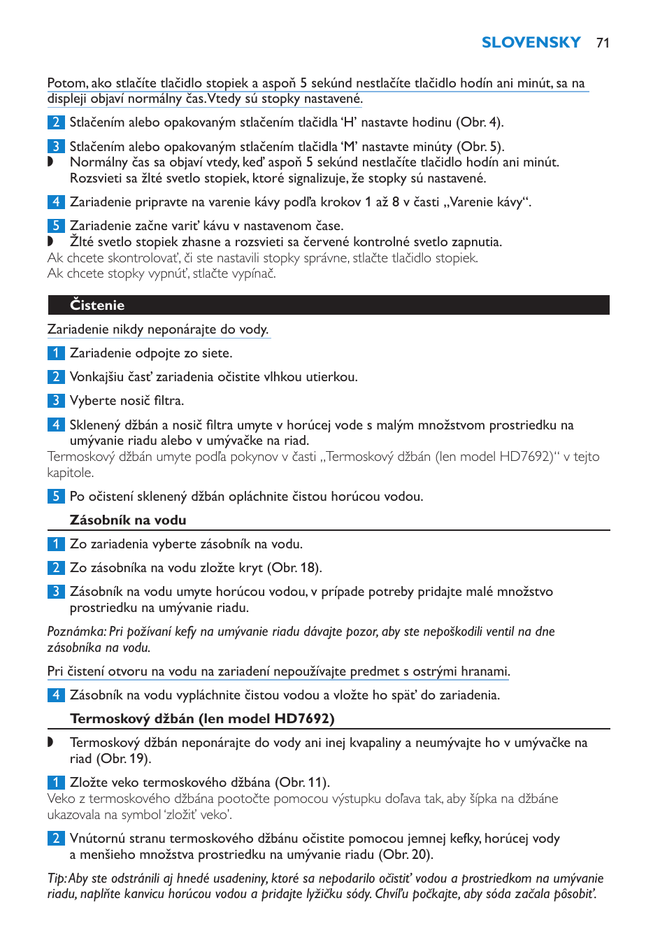 Čistenie, Zásobník na vodu, Termoskový džbán (len model hd7692) | Philips HD7690 User Manual | Page 71 / 92