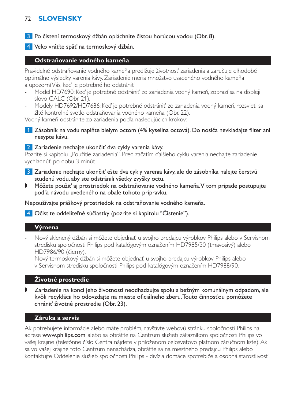Odstraňovanie vodného kameňa, Výmena, Životné prostredie | Záruka a servis | Philips HD7690 User Manual | Page 72 / 92