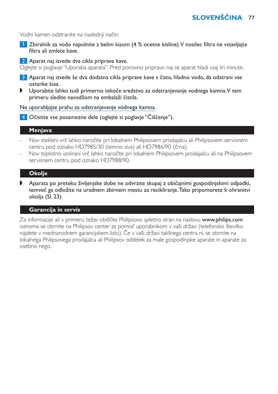 Menjava, Okolje, Garancija in servis | Philips HD7690 User Manual | Page 77 / 92