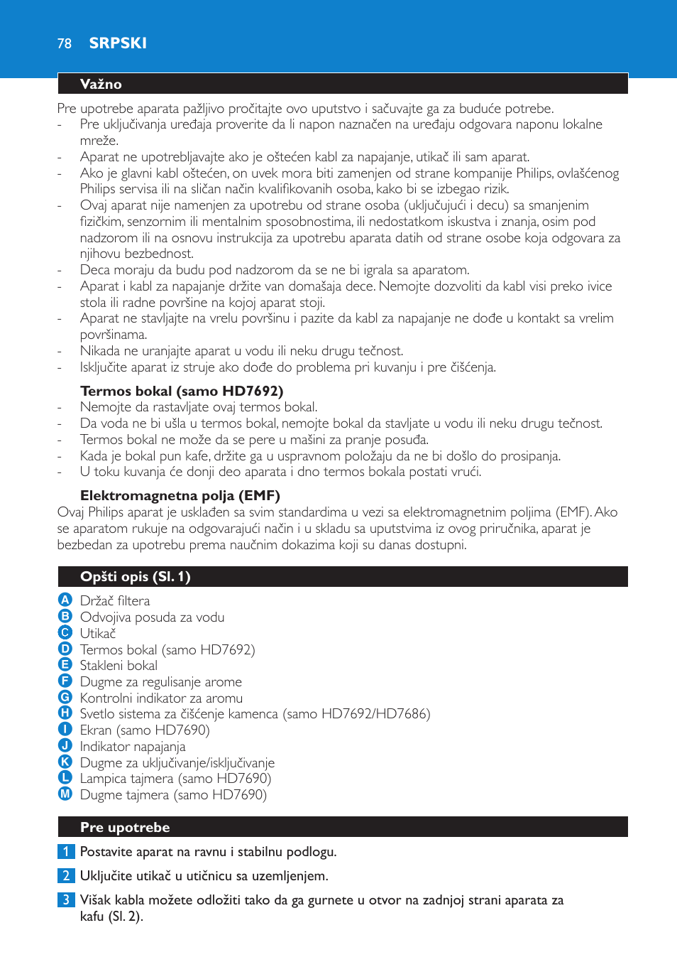 Termos bokal (samo hd7692), Elektromagnetna polja (emf), Srpski | Važno, Opšti opis (sl. 1), Pre upotrebe | Philips HD7690 User Manual | Page 78 / 92