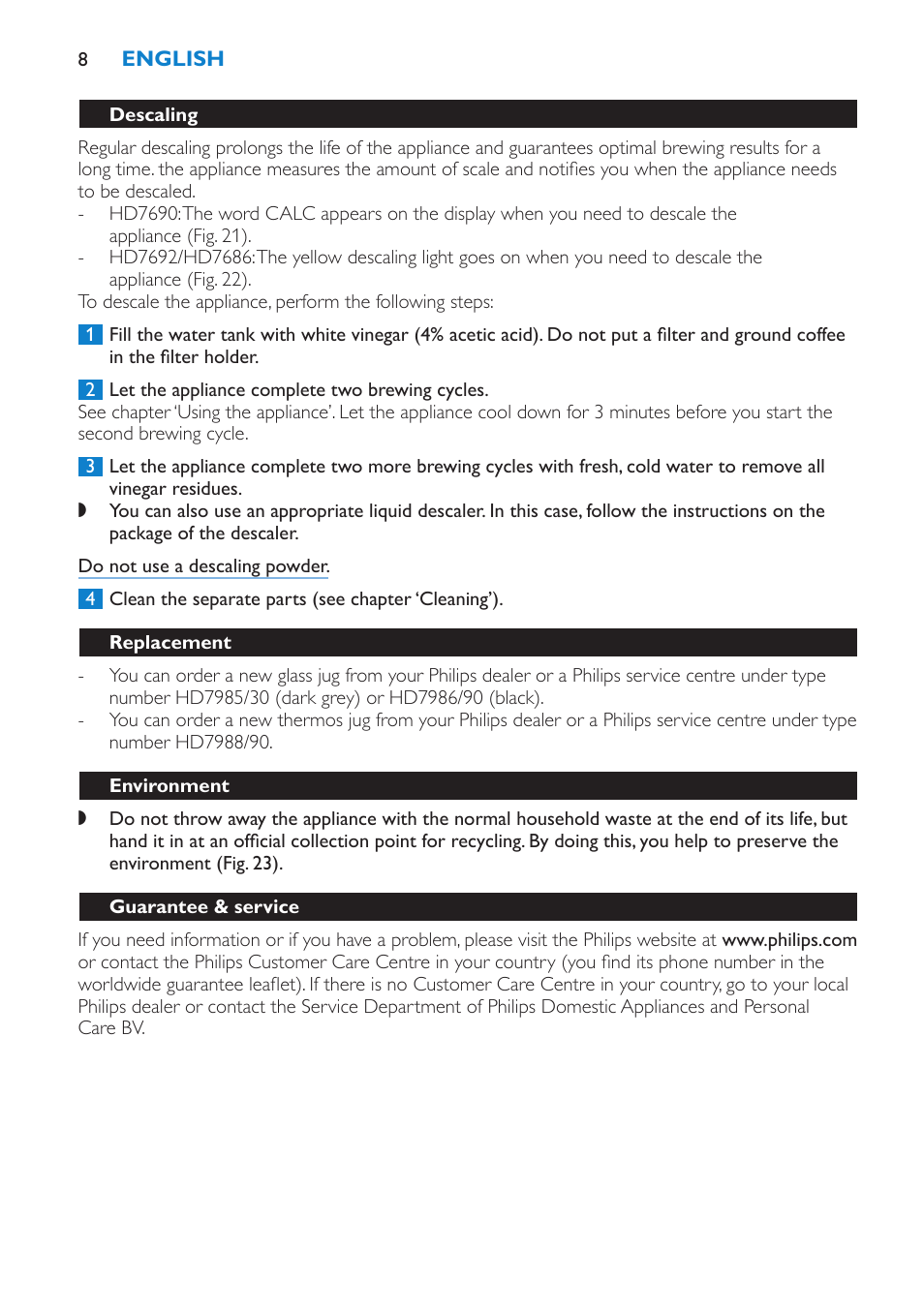 Descaling, Replacement, Environment | Guarantee & service | Philips HD7690 User Manual | Page 8 / 92
