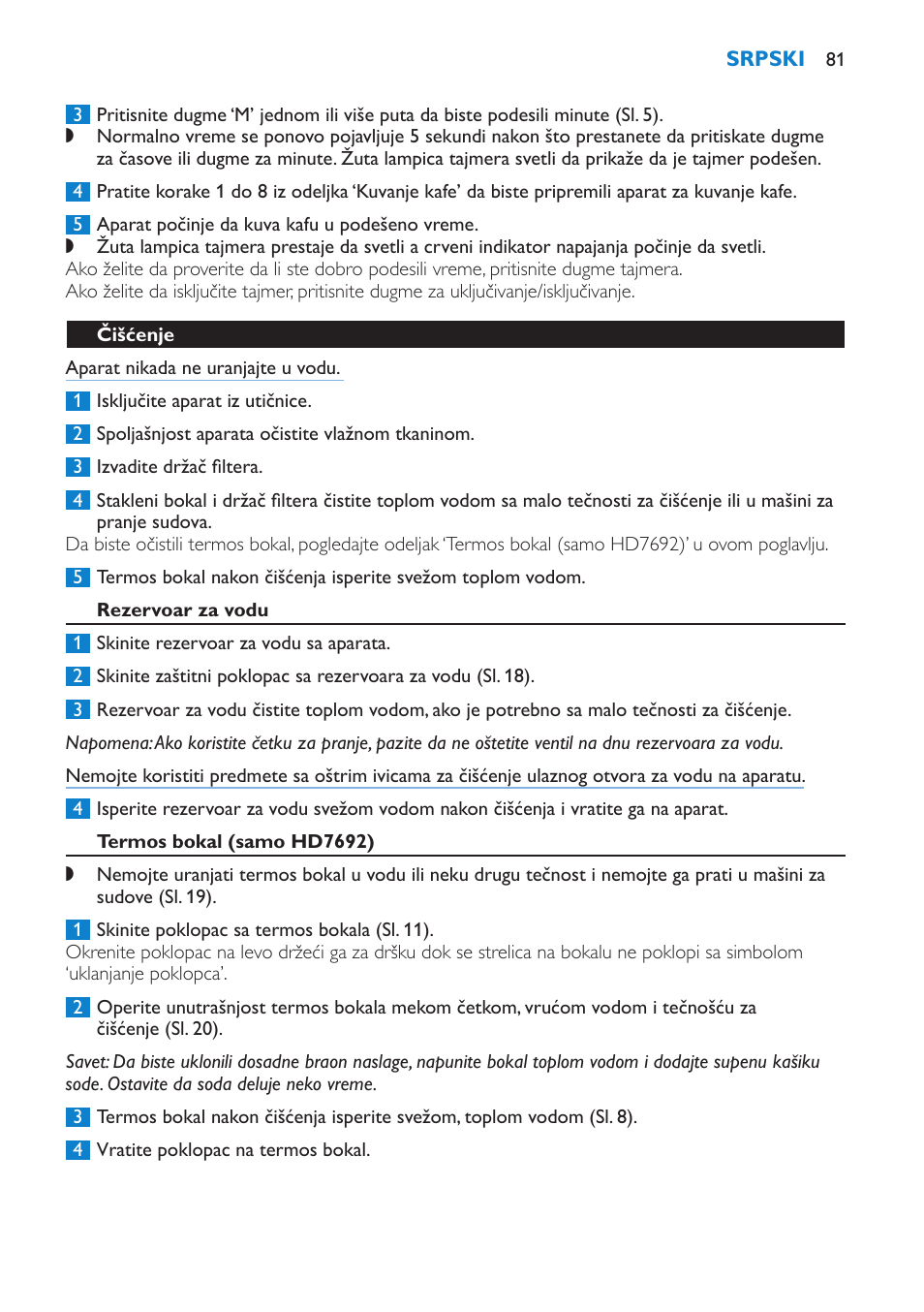 Čišćenje, Rezervoar za vodu, Termos bokal (samo hd7692) | Čišćenje kamenca | Philips HD7690 User Manual | Page 81 / 92