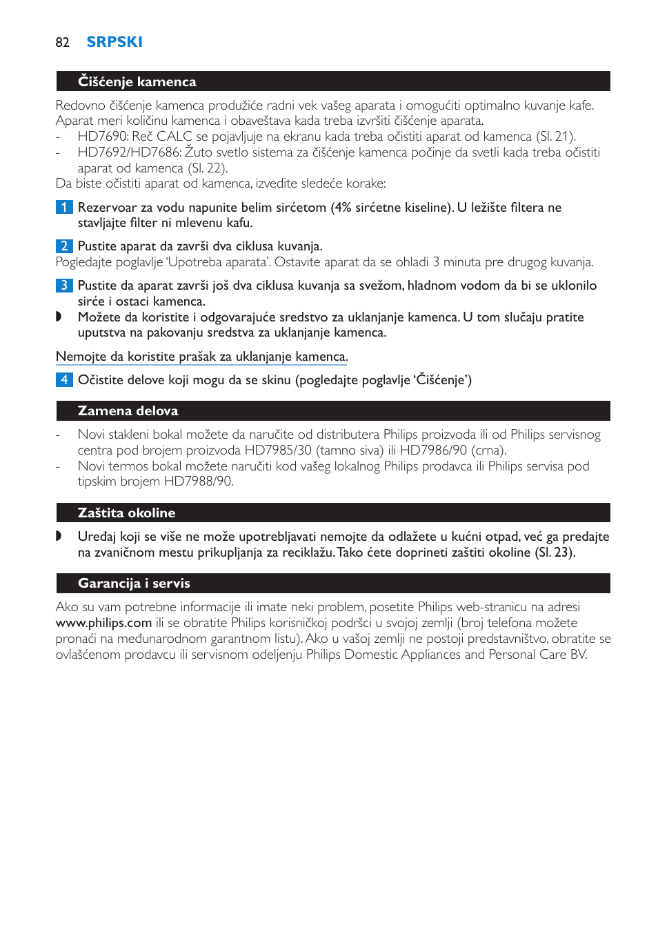 Zamena delova, Zaštita okoline, Garancija i servis | Philips HD7690 User Manual | Page 82 / 92