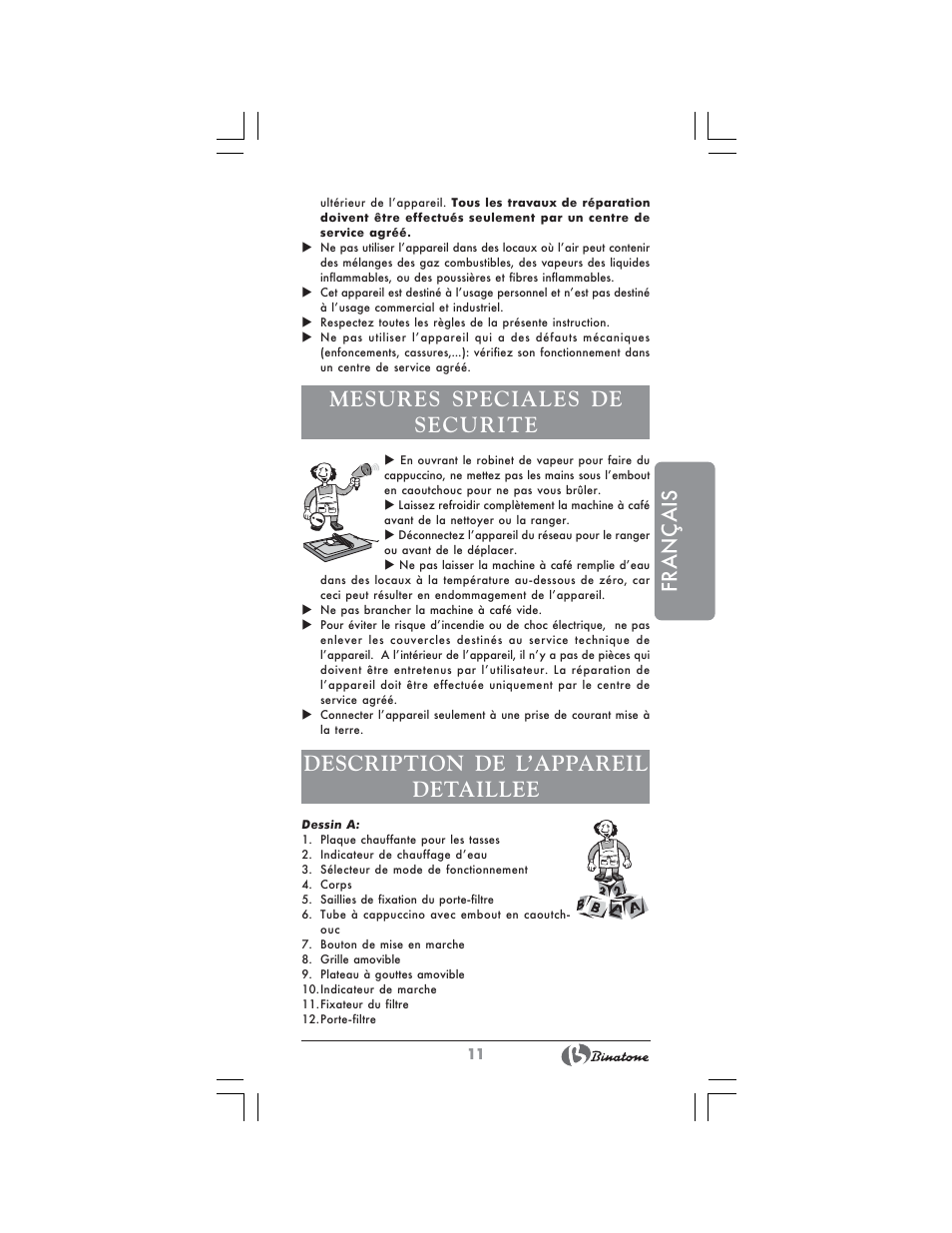 Français, Mesures speciales de securite, Description de l’appareil detaillee | Binatone SGE-9904 User Manual | Page 11 / 28