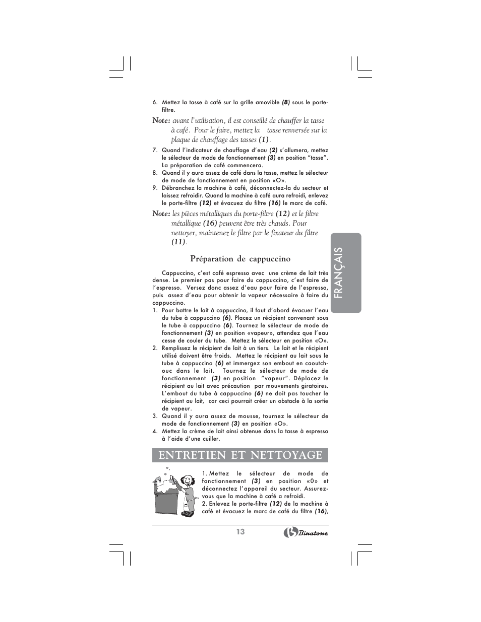 Français, Entretien et nettoyage | Binatone SGE-9904 User Manual | Page 13 / 28