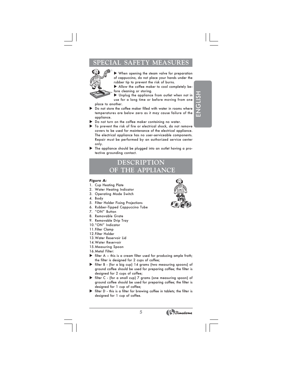 English special safety measures, Description of the appliance | Binatone SGE-9904 User Manual | Page 5 / 28