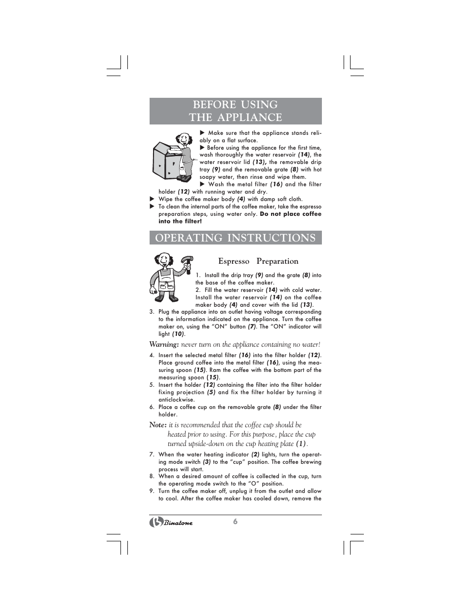 Before using the appliance, Operating instructions | Binatone SGE-9904 User Manual | Page 6 / 28