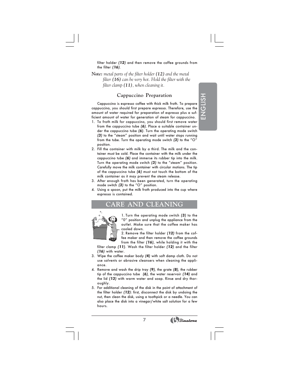 English, Care and cleaning, Cappuccino preparation | Binatone SGE-9904 User Manual | Page 7 / 28