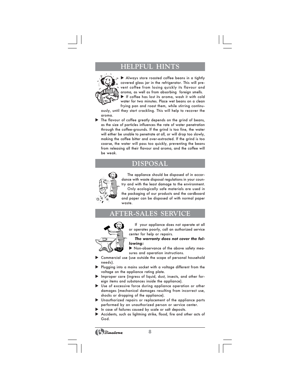 Helpful hints, Disposal, After-sales service | Binatone SGE-9904 User Manual | Page 8 / 28