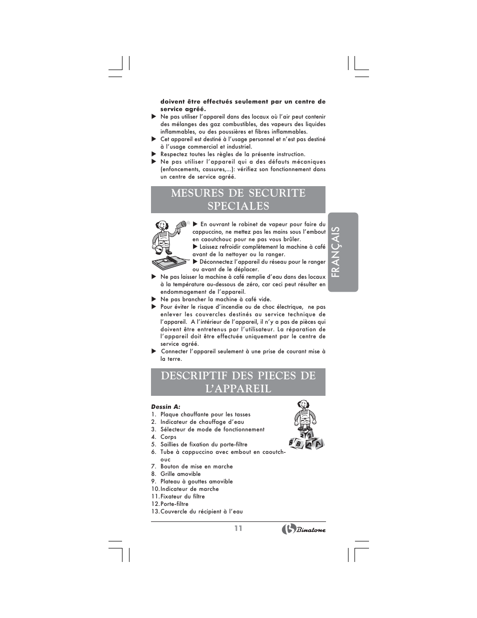 Français, Mesures de securite speciales, Descriptif des pieces de l’appareil | Binatone MRE-8804 User Manual | Page 11 / 28