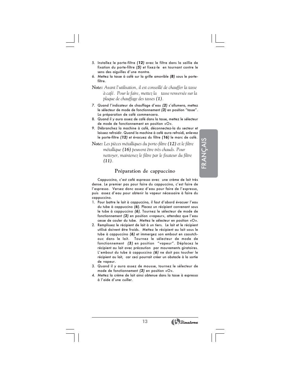 Français, Préparation de cappuccino | Binatone MRE-8804 User Manual | Page 13 / 28