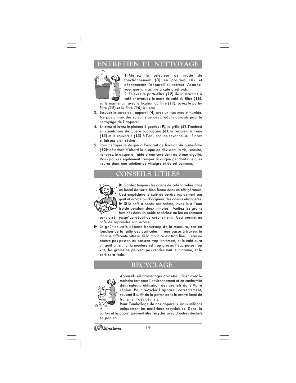 Entretien et nettoyage, Conseils utiles, Recyclage | Binatone MRE-8804 User Manual | Page 14 / 28