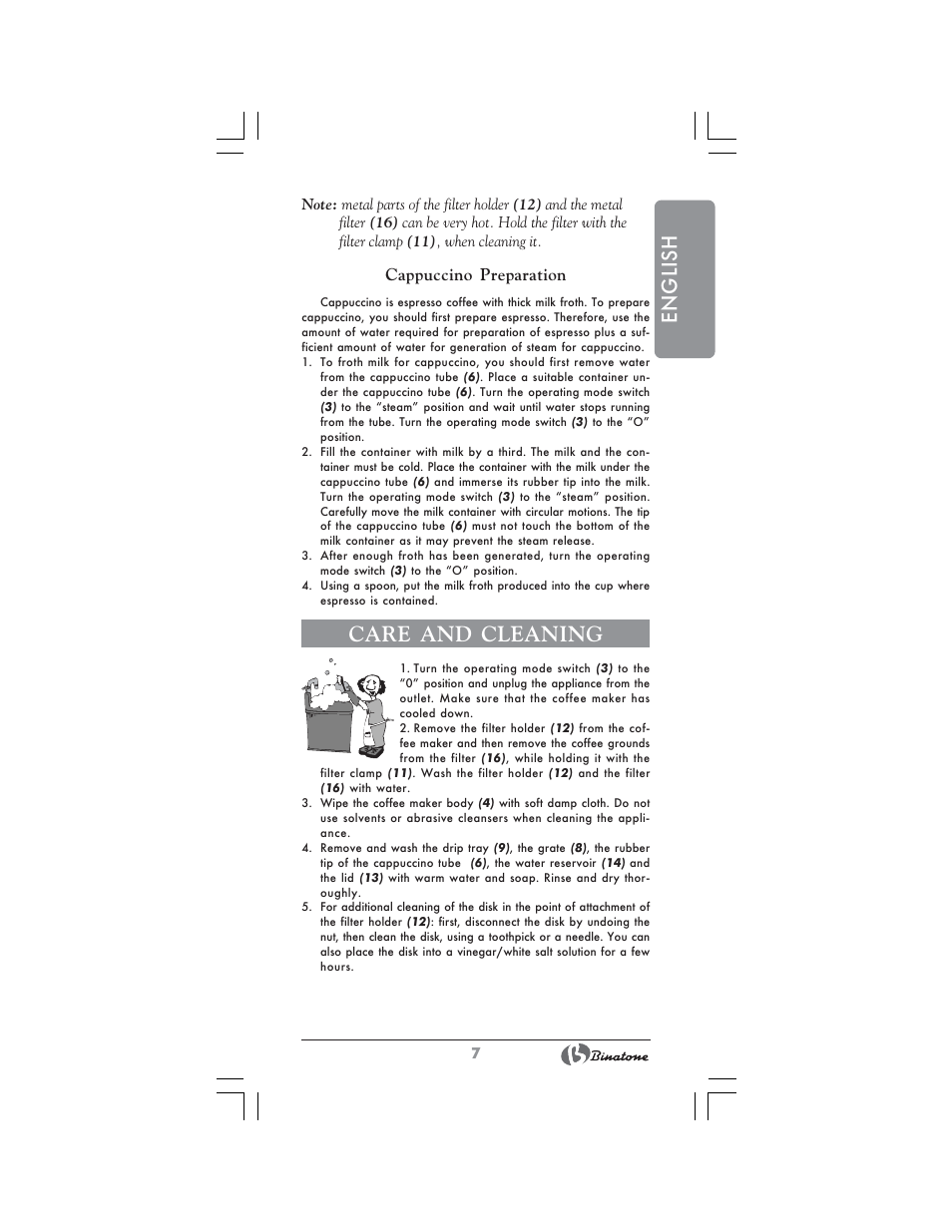 English, Care and cleaning, Cappuccino preparation | Binatone MRE-8804 User Manual | Page 7 / 28