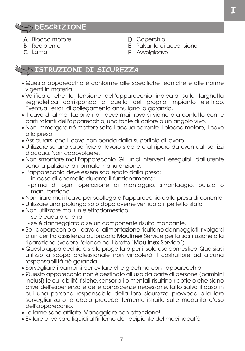 Istruzioni di sicurezza, Descrizione | Moulinex DE LUXE 85S A8434EF User Manual | Page 10 / 26