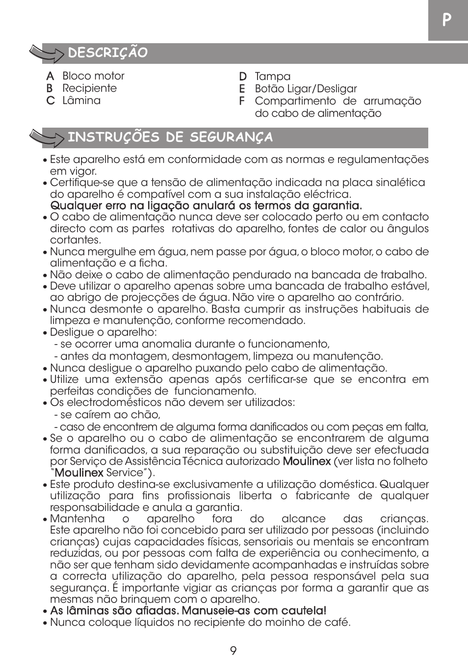 Instruções de segurança descrição | Moulinex DE LUXE 85S A8434EF User Manual | Page 12 / 26