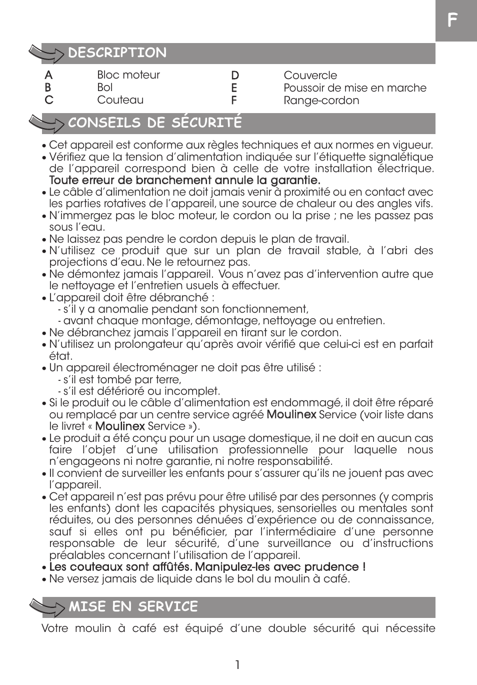 Conseils de sécurité, Description, Mise en service | Moulinex DE LUXE 85S A8434EF User Manual | Page 4 / 26