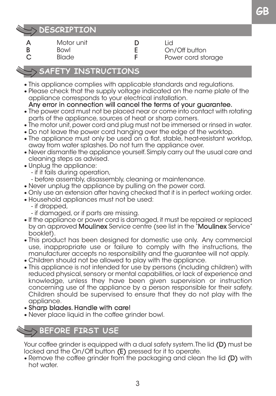 Safety instructions, Description, Before first use | Moulinex DE LUXE 85S A8434EF User Manual | Page 6 / 26