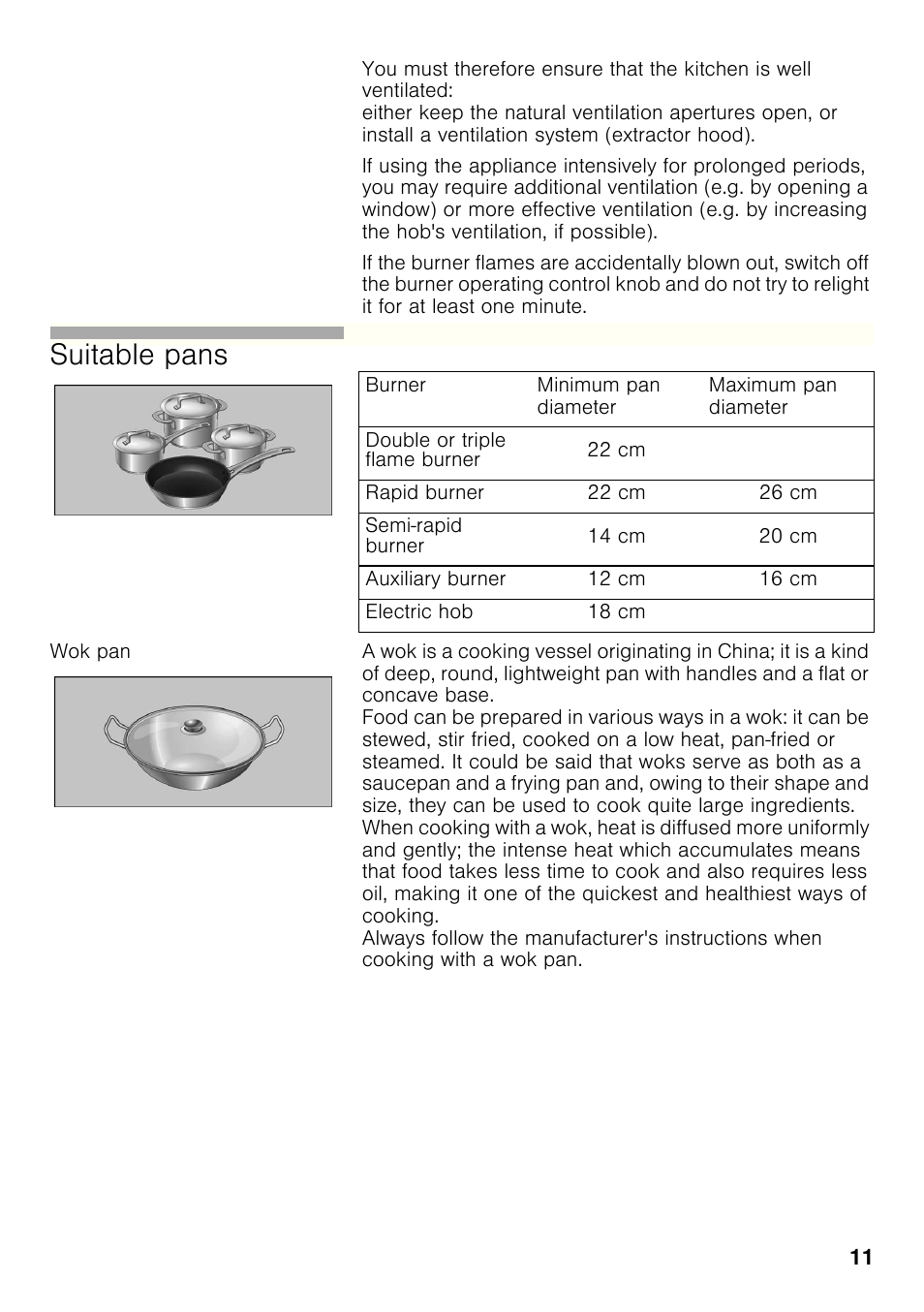 Wok pan, Suitable pans | Bosch PCC615B90E Placa de gas 60 cm de ancho Acero inoxidable EAN 4242002487960 User Manual | Page 10 / 86