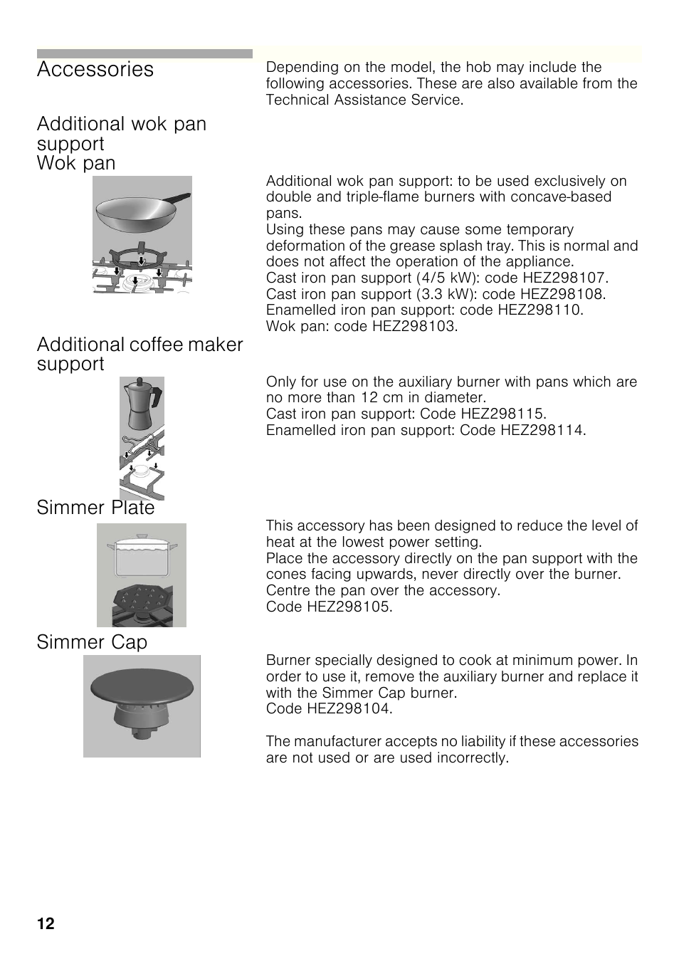 Additional wok pan support wok pan, Additional coffee maker support, Simmer plate | Simmer cap, Accessories | Bosch PCC615B90E Placa de gas 60 cm de ancho Acero inoxidable EAN 4242002487960 User Manual | Page 11 / 86