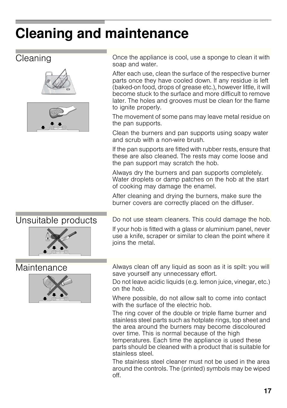 Cleaning and maintenance, Cleaning, Unsuitable products | Maintenance | Bosch PCC615B90E Placa de gas 60 cm de ancho Acero inoxidable EAN 4242002487960 User Manual | Page 16 / 86