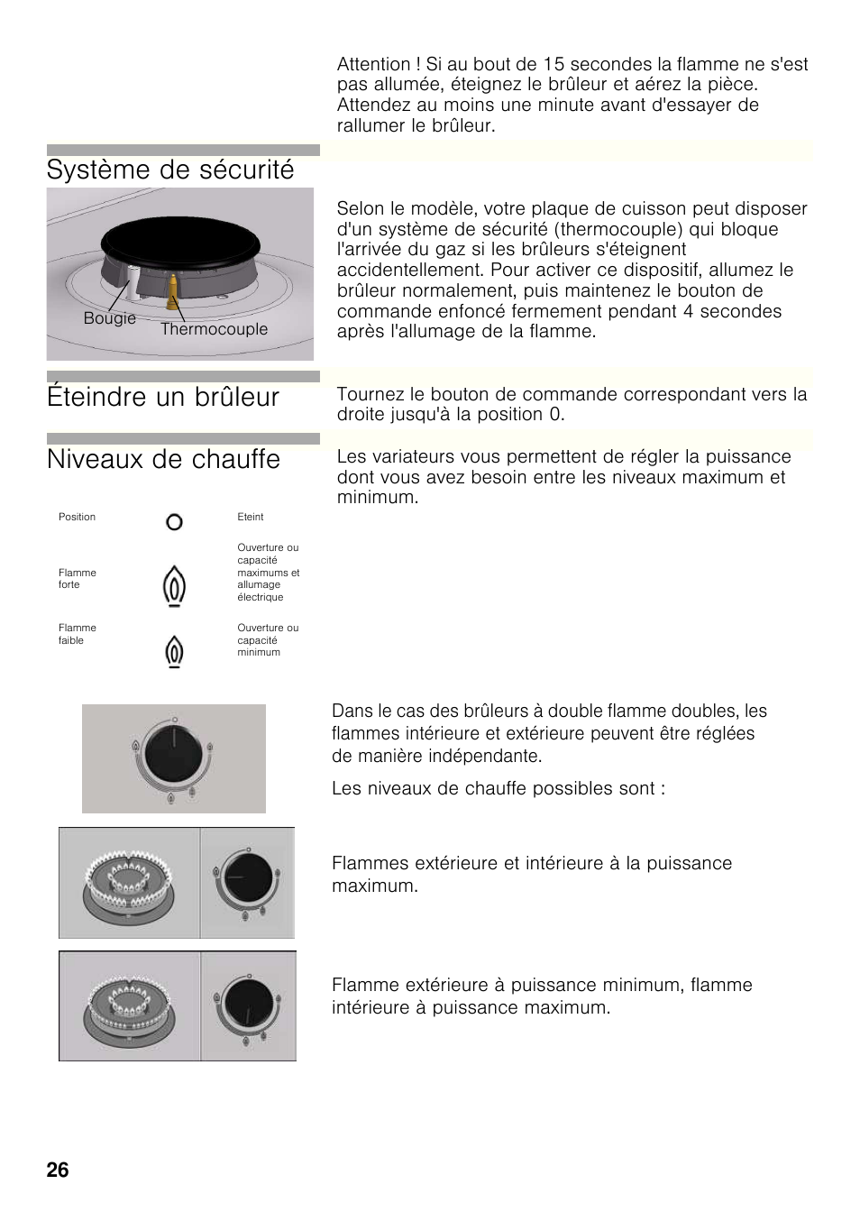 Système de sécurité, Éteindre un brûleur, Niveaux de chauffe | Bosch PCC615B90E Placa de gas 60 cm de ancho Acero inoxidable EAN 4242002487960 User Manual | Page 25 / 86
