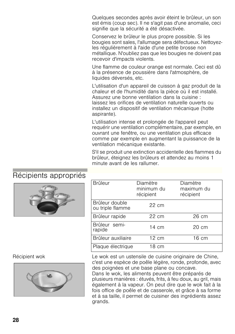 Récipient wok, Récipients appropriés | Bosch PCC615B90E Placa de gas 60 cm de ancho Acero inoxidable EAN 4242002487960 User Manual | Page 27 / 86