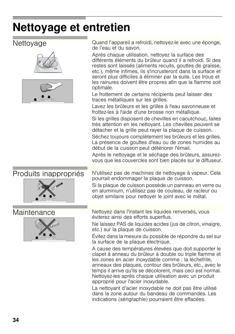 Nettoyage et entretien, Nettoyage, Produits inappropriés | Maintenance | Bosch PCC615B90E Placa de gas 60 cm de ancho Acero inoxidable EAN 4242002487960 User Manual | Page 33 / 86