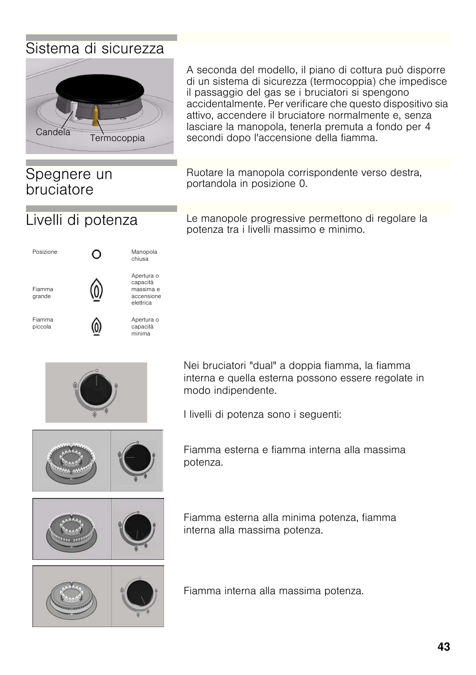 Sistema di sicurezza, Spegnere un bruciatore, Livelli di potenza | Bosch PCC615B90E Placa de gas 60 cm de ancho Acero inoxidable EAN 4242002487960 User Manual | Page 42 / 86